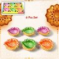 Set of six vibrant hand-painted clay diyas with mixed traditional designs, perfect for Diwali celebrations.