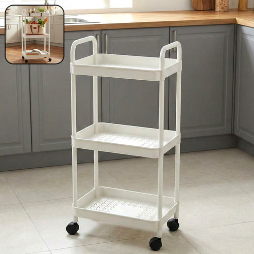 3 layer rolling storage trolley with shelves for kitchen and bathroom organization