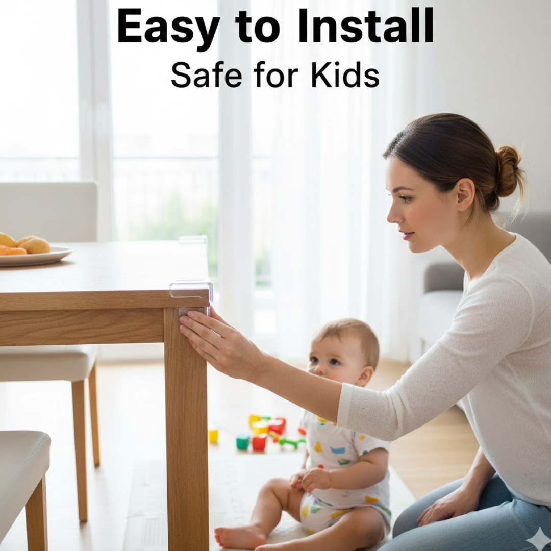 Pack of 200 clear baby corner protectors with pre-applied adhesive.