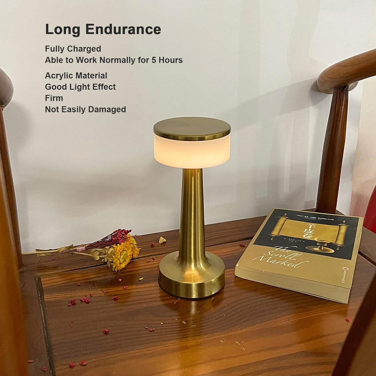A close-up of the portable metal LED lamp showcasing its elegant finish and touch control.