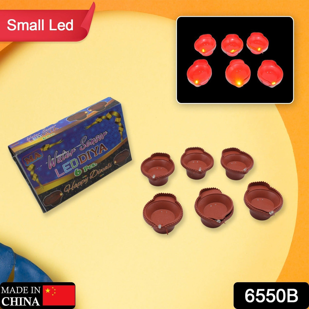 Water-activated LED diyas arranged beautifully on a colourful rangoli.